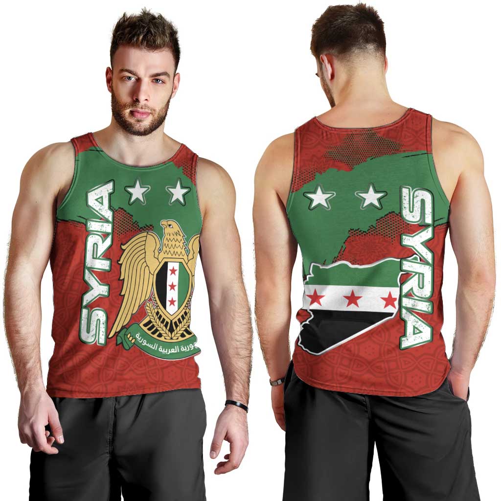 Syria National Emblem Men Tank Top with Map and Flag Pattern