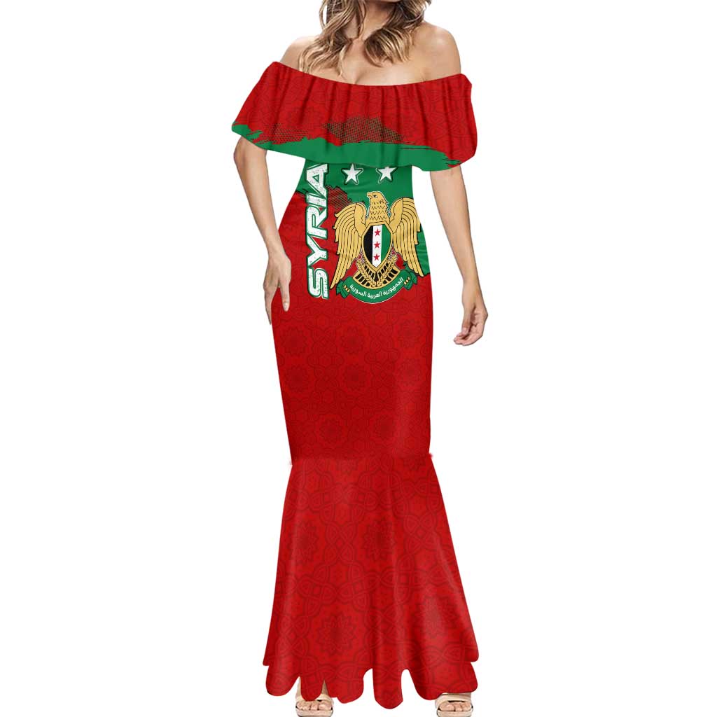 Syria National Emblem Mermaid Dress with Map and Flag Pattern