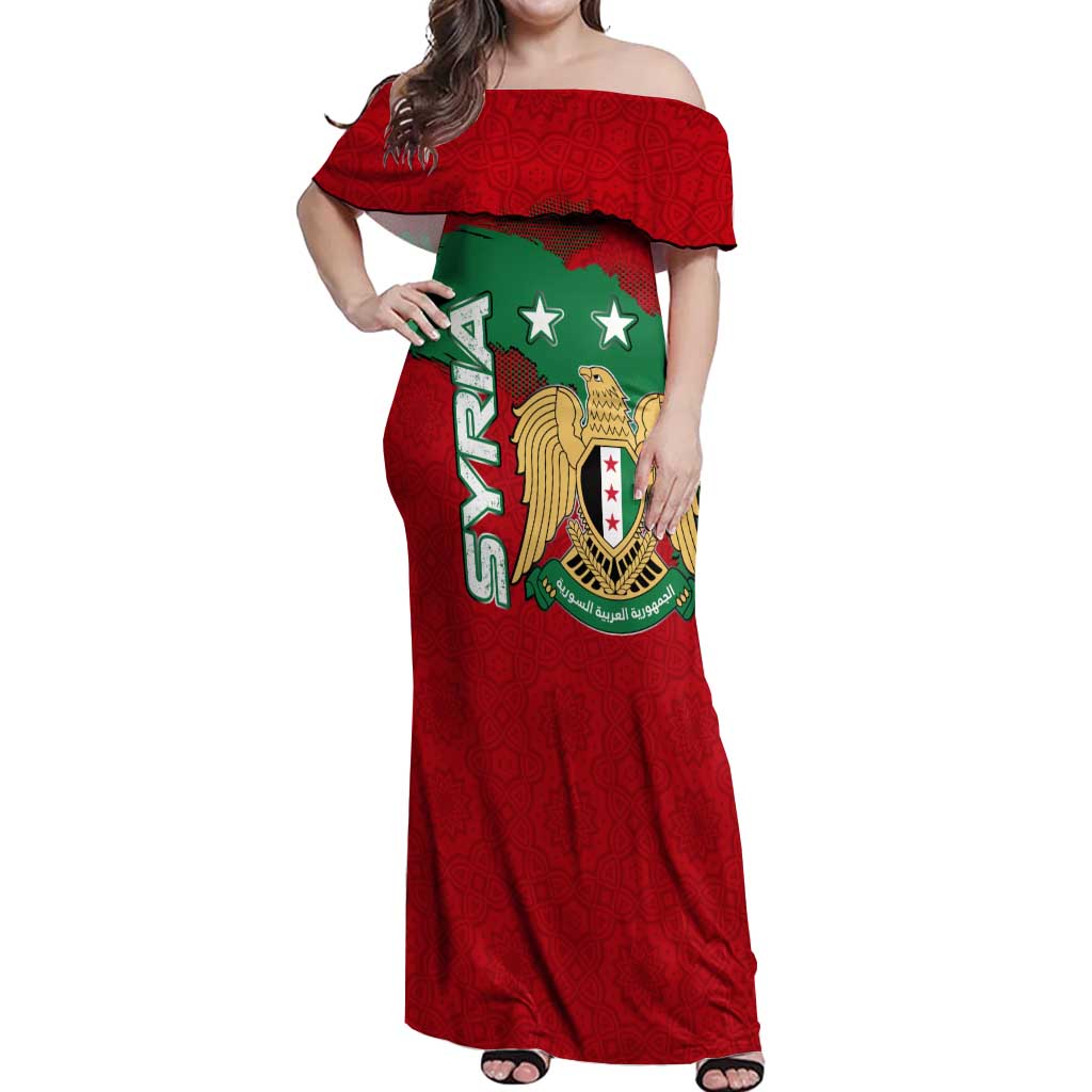 Syria National Emblem Off Shoulder Maxi Dress with Map and Flag Pattern