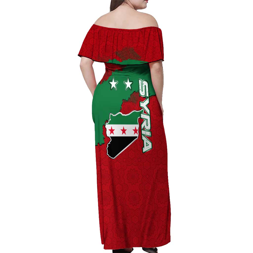 Syria National Emblem Off Shoulder Maxi Dress with Map and Flag Pattern