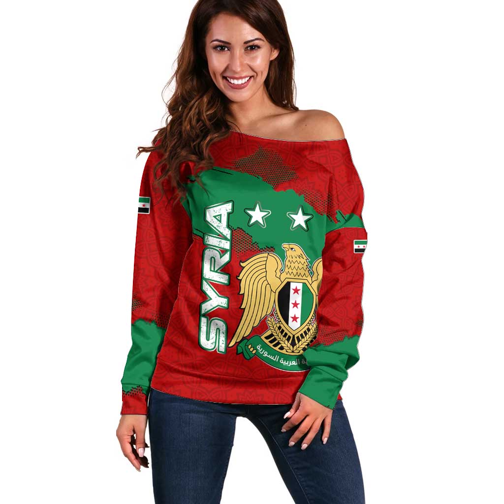Syria National Emblem Off Shoulder Sweater with Map and Flag Pattern