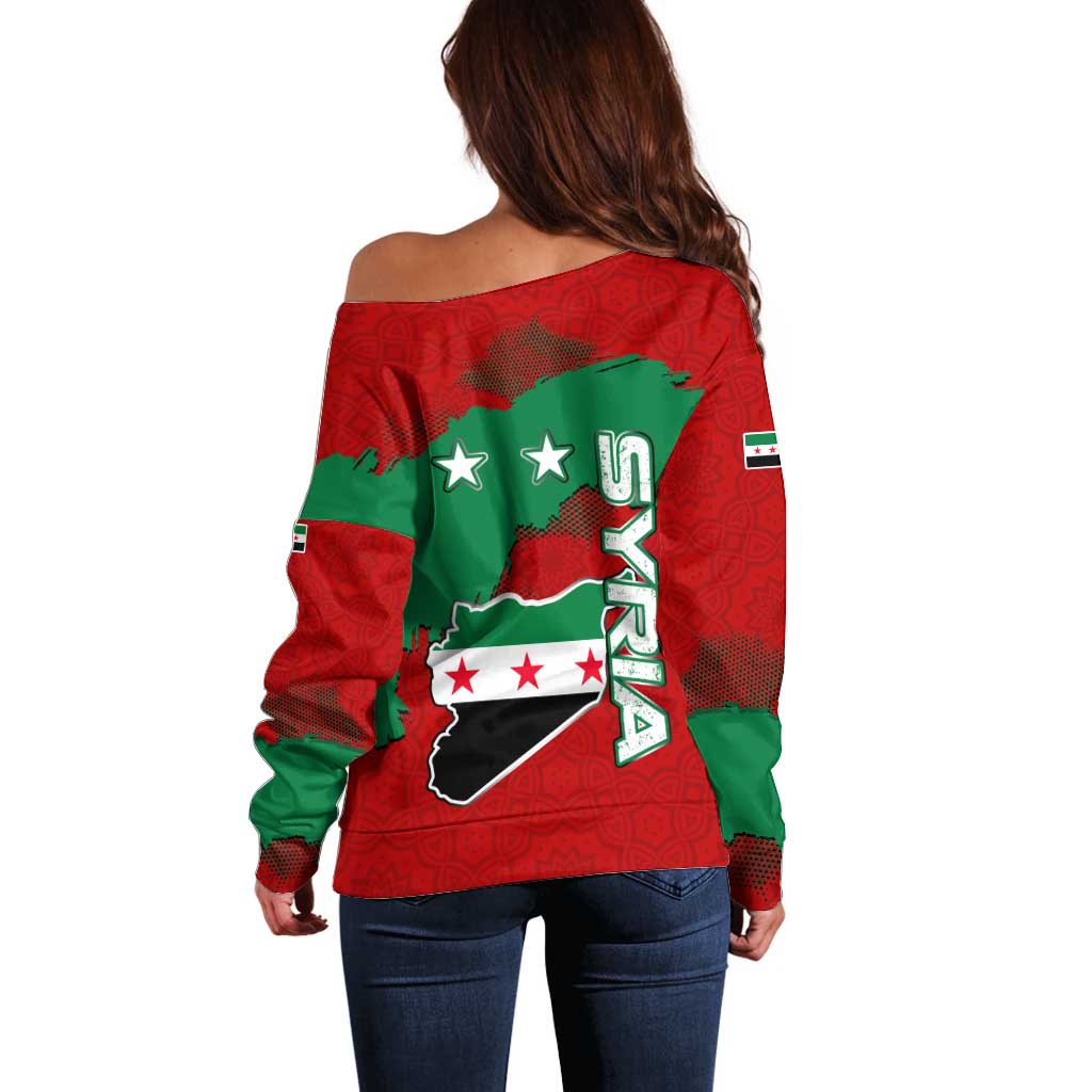 Syria National Emblem Off Shoulder Sweater with Map and Flag Pattern