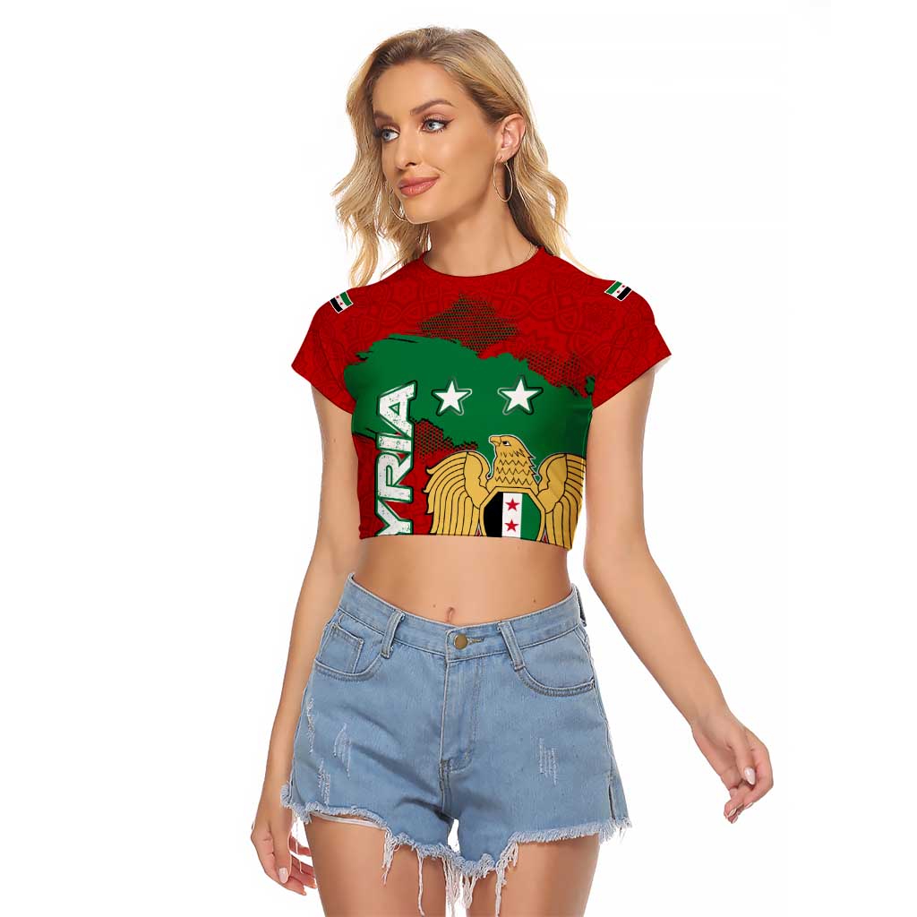 Syria National Emblem Raglan Cropped T Shirt with Map and Flag Pattern