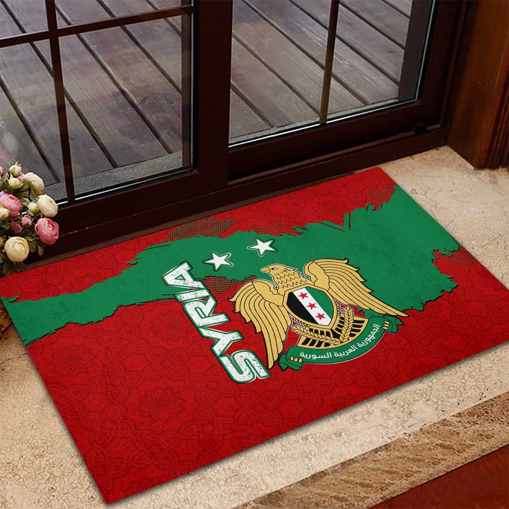 Syria National Emblem Rubber Doormat with Map and Flag Pattern
