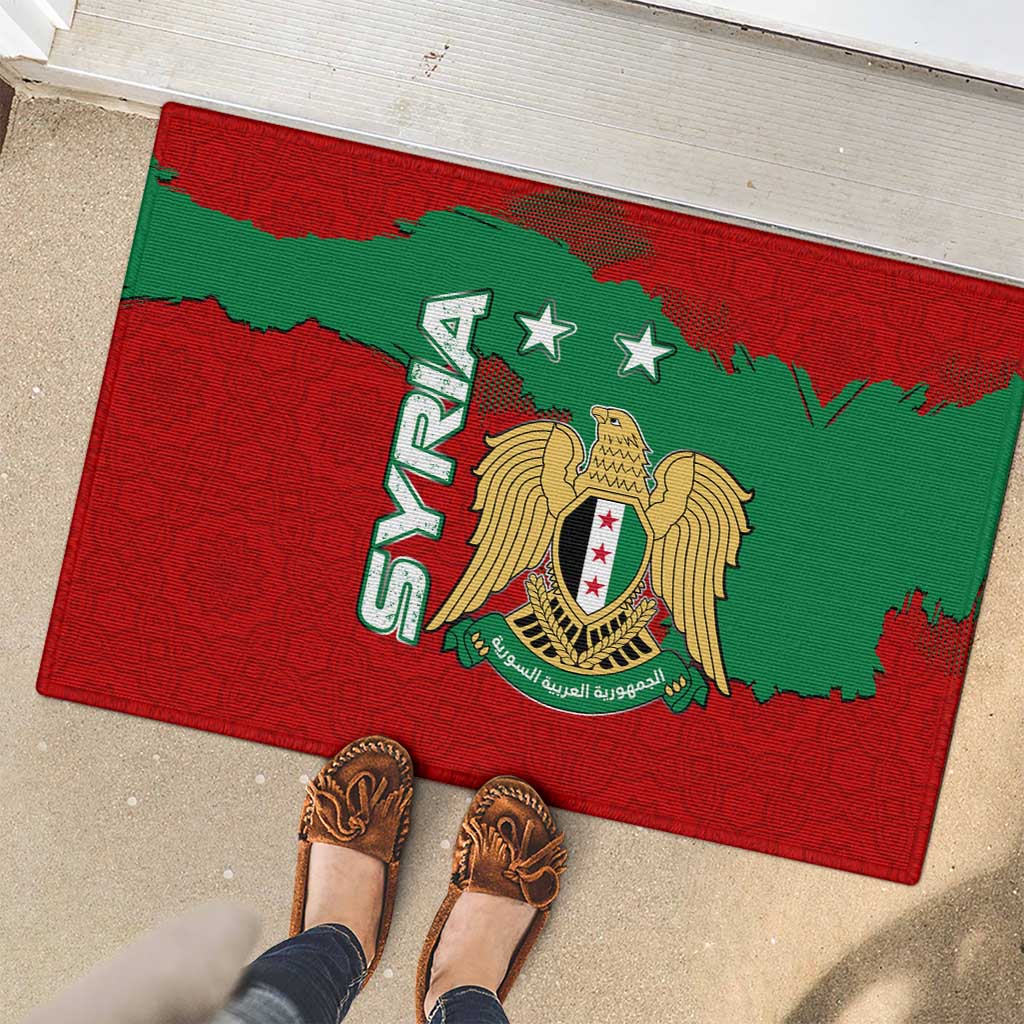 Syria National Emblem Rubber Doormat with Map and Flag Pattern