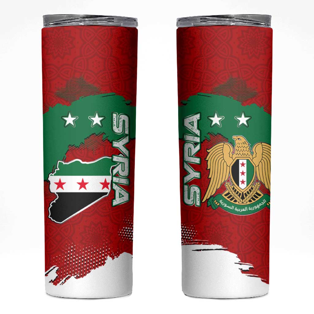 Syria National Emblem Skinny Tumbler with Map and Flag Pattern