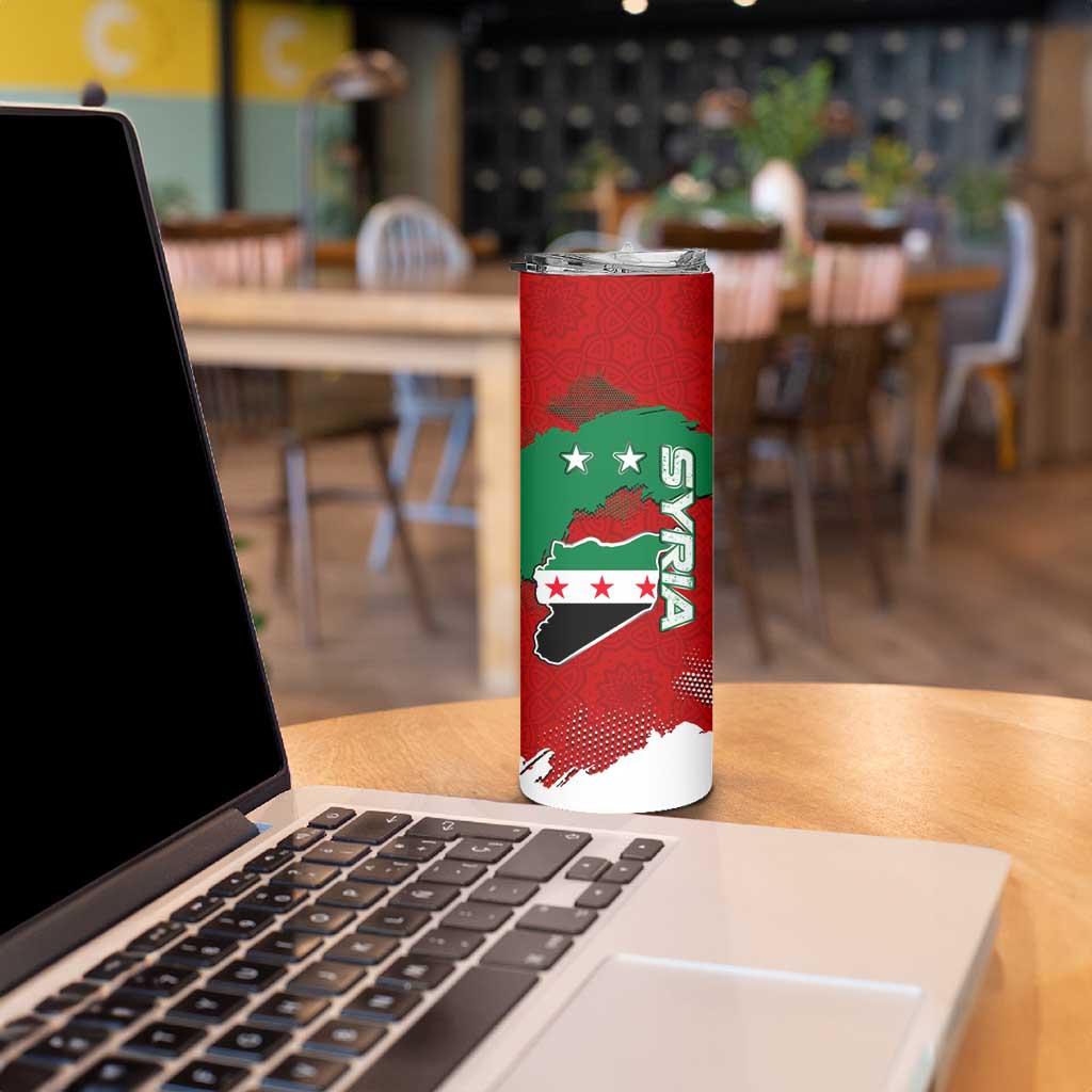 Syria National Emblem Skinny Tumbler with Map and Flag Pattern