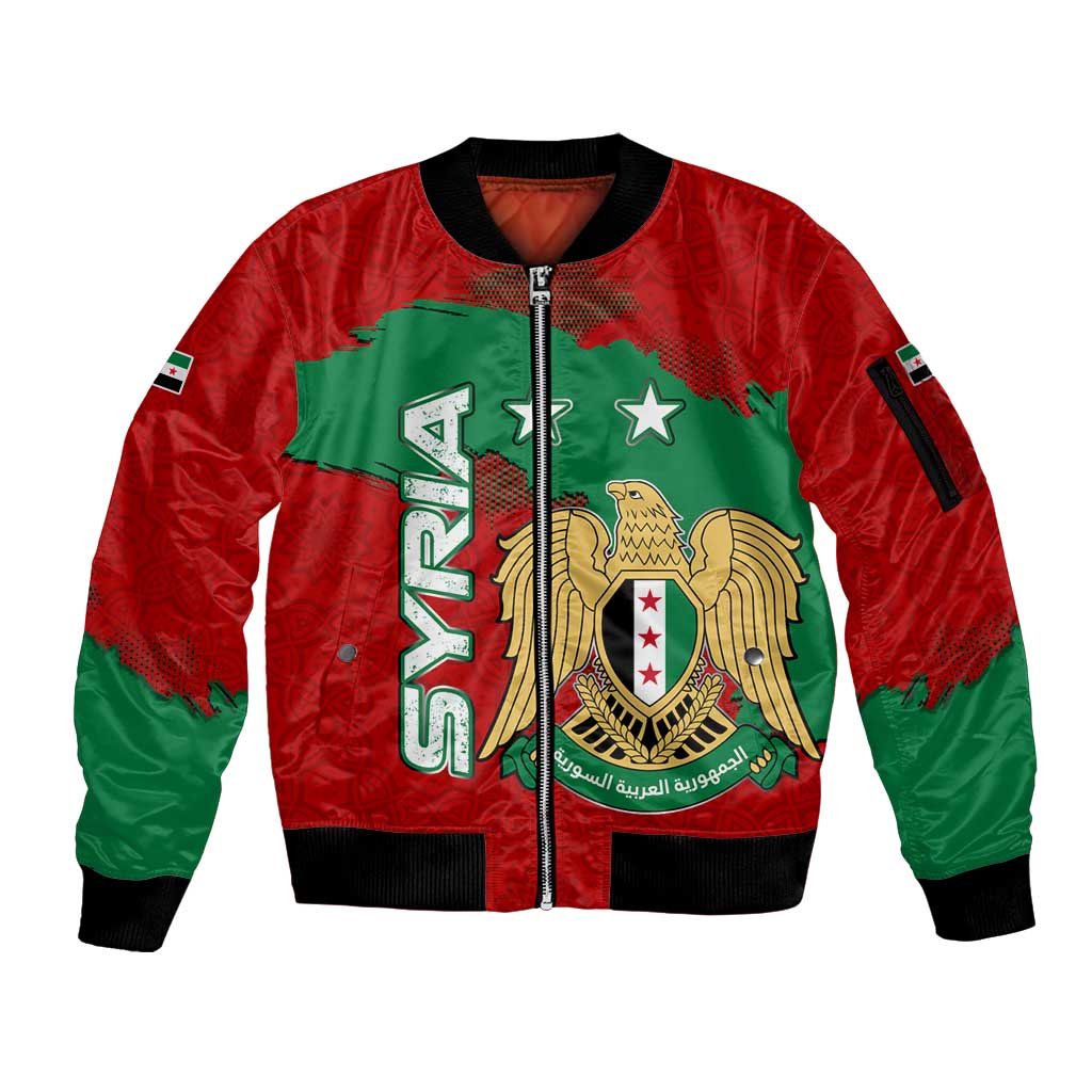 Syria National Emblem Sleeve Zip Bomber Jacket with Map and Flag Pattern