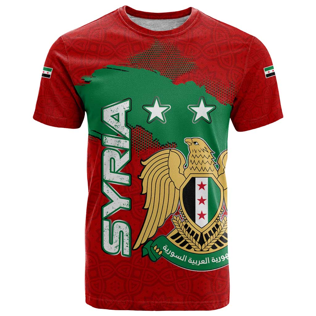 Syria National Emblem T Shirt with Map and Flag Pattern