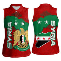 Syria National Emblem Women Sleeveless Polo Shirt with Map and Flag Pattern