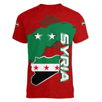 Syria National Emblem Women V-Neck T-Shirt with Map and Flag Pattern