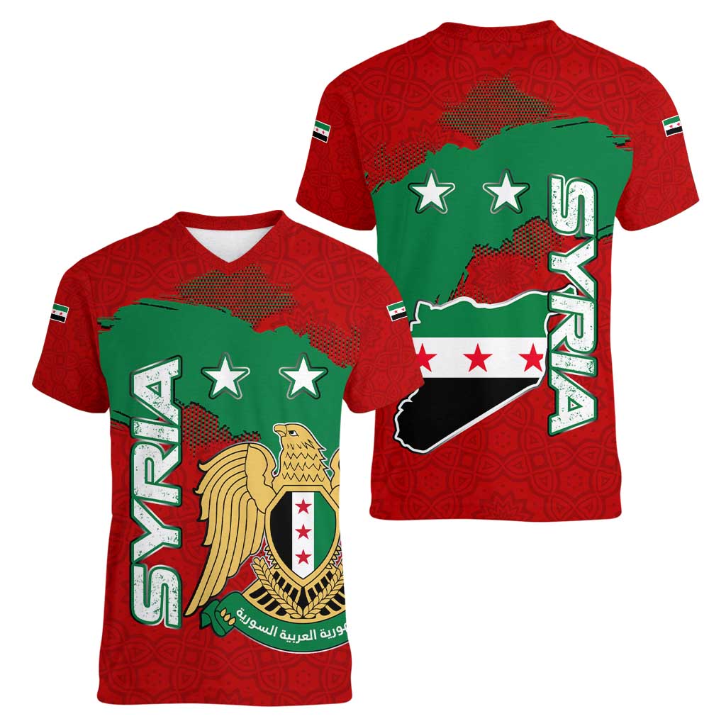 Syria National Emblem Women V-Neck T-Shirt with Map and Flag Pattern