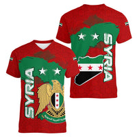 Syria National Emblem Women V-Neck T-Shirt with Map and Flag Pattern