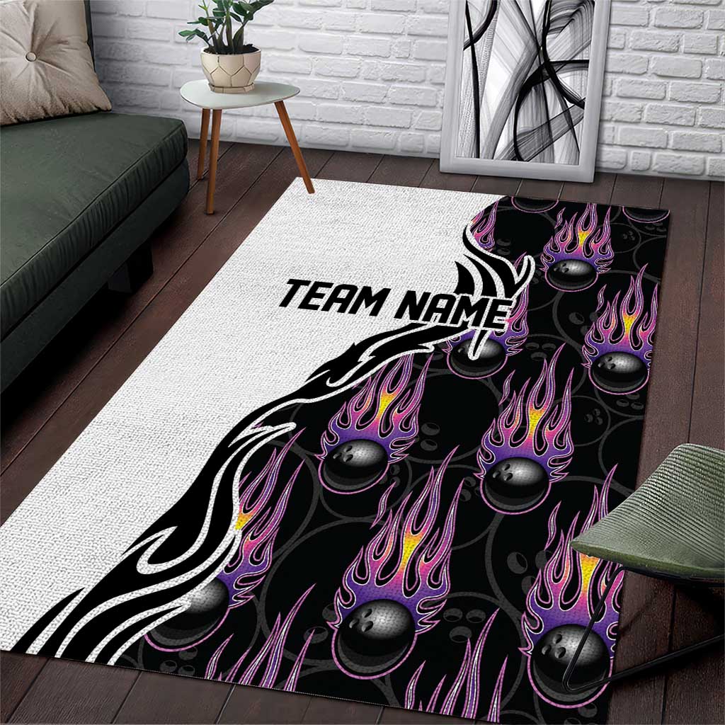 Personalized Bowling Flame Area Rug Black and White Split Pattern and Purple Fireball Graphics - Wonder Print Shop