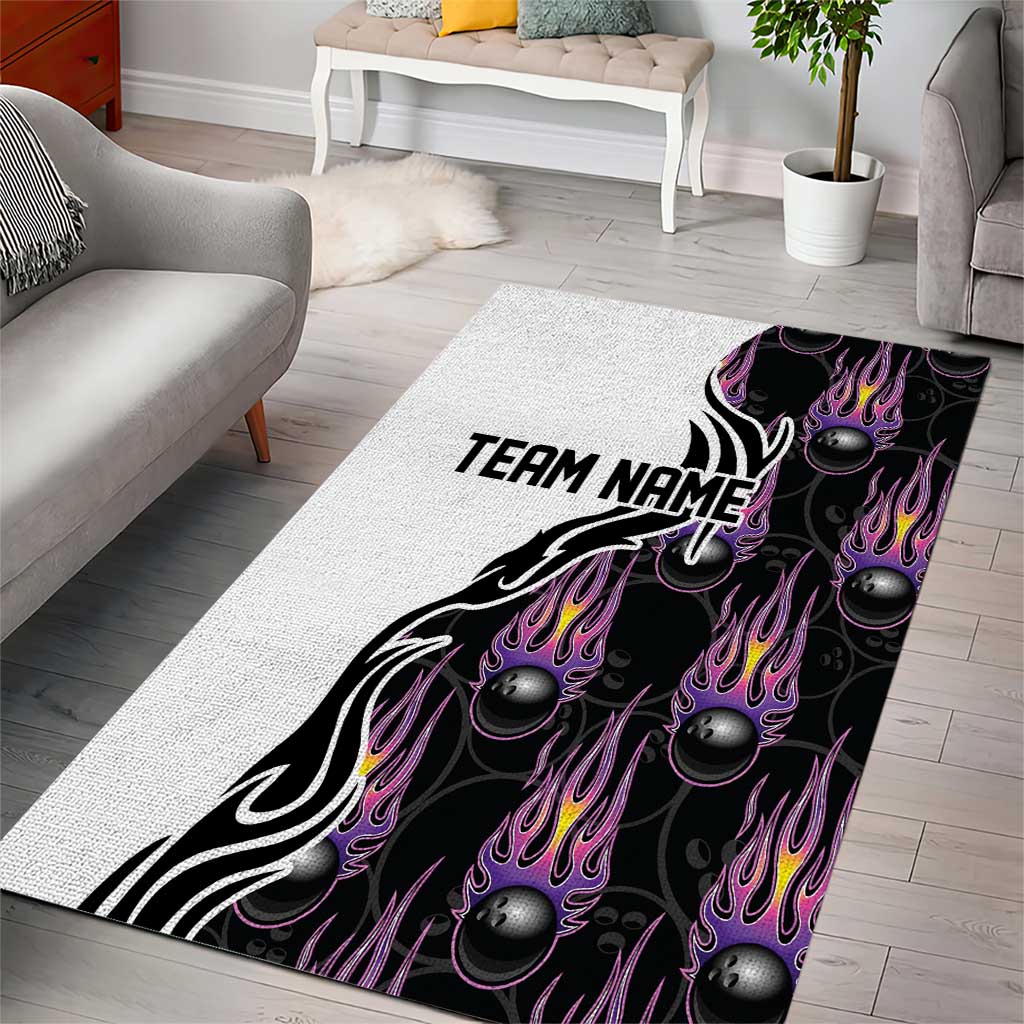 Personalized Bowling Flame Area Rug Black and White Split Pattern and Purple Fireball Graphics - Wonder Print Shop
