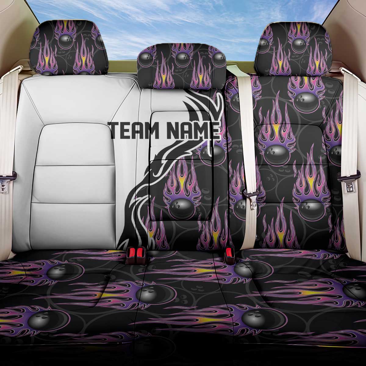 Personalized Bowling Flame Back Car Seat Cover Black and White Split Pattern and Purple Fireball Graphics - Wonder Print Shop