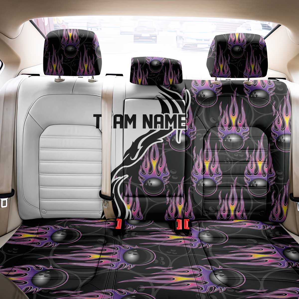 Personalized Bowling Flame Back Car Seat Cover Black and White Split Pattern and Purple Fireball Graphics - Wonder Print Shop