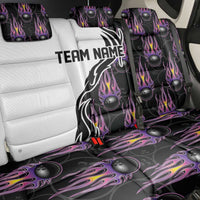 Personalized Bowling Flame Back Car Seat Cover Black and White Split Pattern and Purple Fireball Graphics - Wonder Print Shop