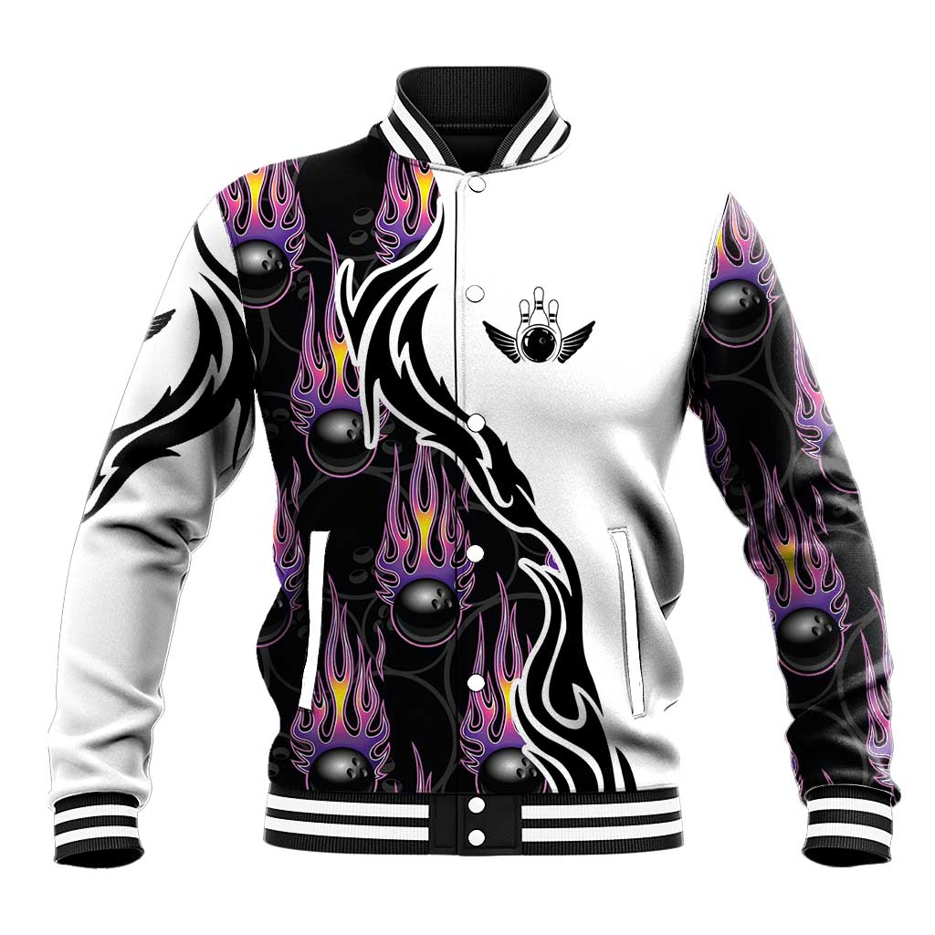 Personalized Bowling Flame Baseball Jacket Black and White Split Pattern and Purple Fireball Graphics - Wonder Print Shop