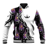 Personalized Bowling Flame Baseball Jacket Black and White Split Pattern and Purple Fireball Graphics - Wonder Print Shop