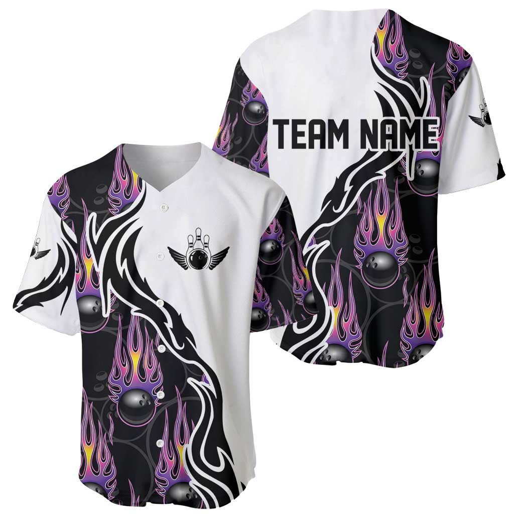 Personalized Bowling Flame Baseball Jersey Black and White Split Pattern and Purple Fireball Graphics - Wonder Print Shop