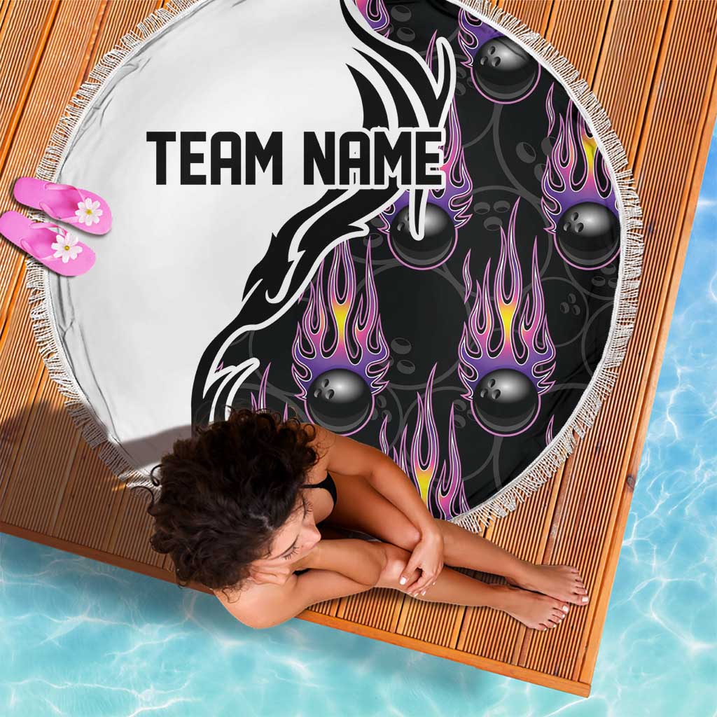 Personalized Bowling Flame Beach Blanket Black and White Split Pattern and Purple Fireball Graphics - Wonder Print Shop