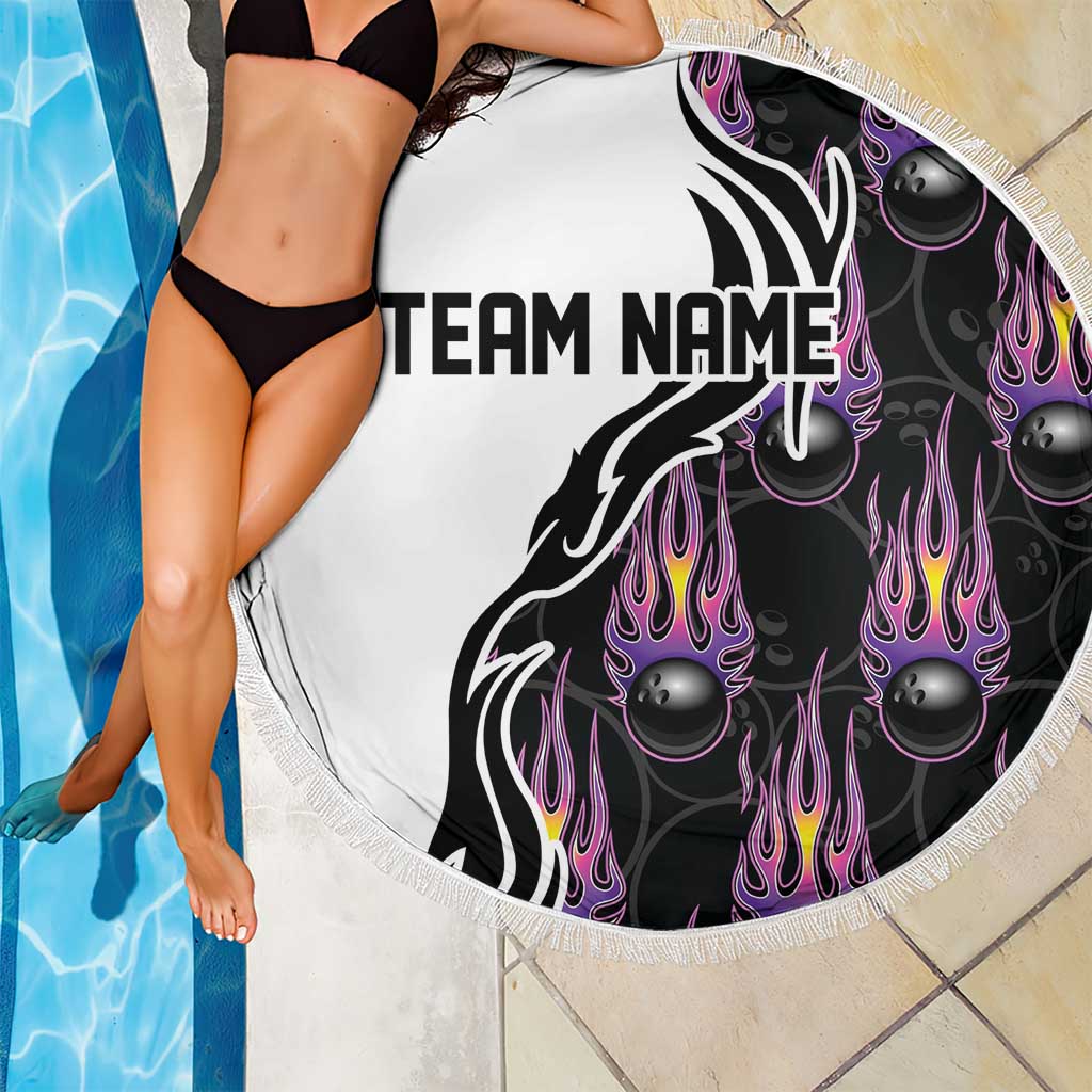 Personalized Bowling Flame Beach Blanket Black and White Split Pattern and Purple Fireball Graphics - Wonder Print Shop