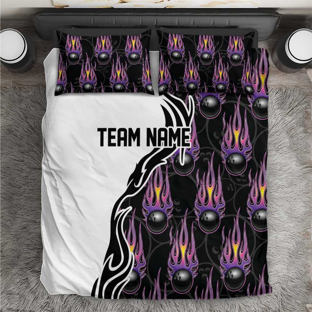 Personalized Bowling Flame Bedding Set Black and White Split Pattern and Purple Fireball Graphics - Wonder Print Shop