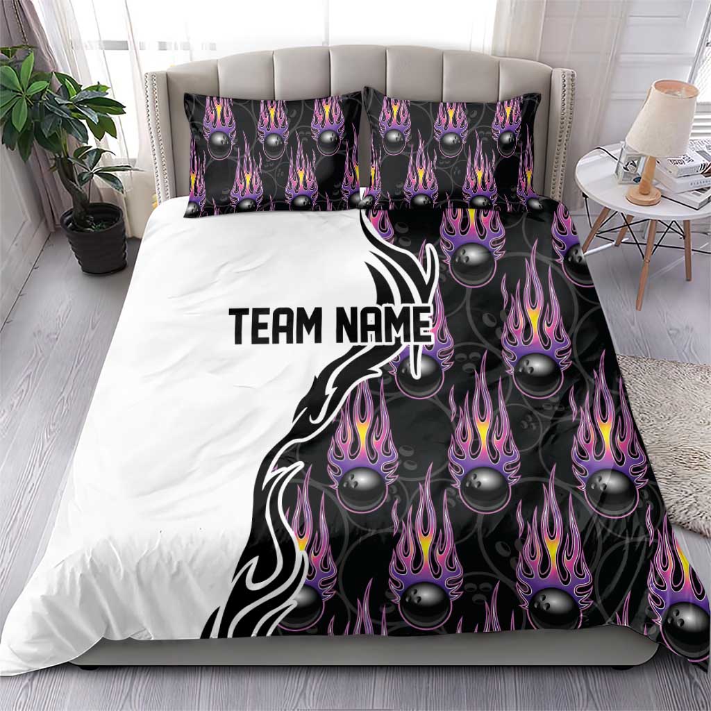 Personalized Bowling Flame Bedding Set Black and White Split Pattern and Purple Fireball Graphics - Wonder Print Shop