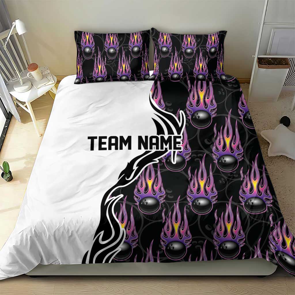 Personalized Bowling Flame Bedding Set Black and White Split Pattern and Purple Fireball Graphics - Wonder Print Shop