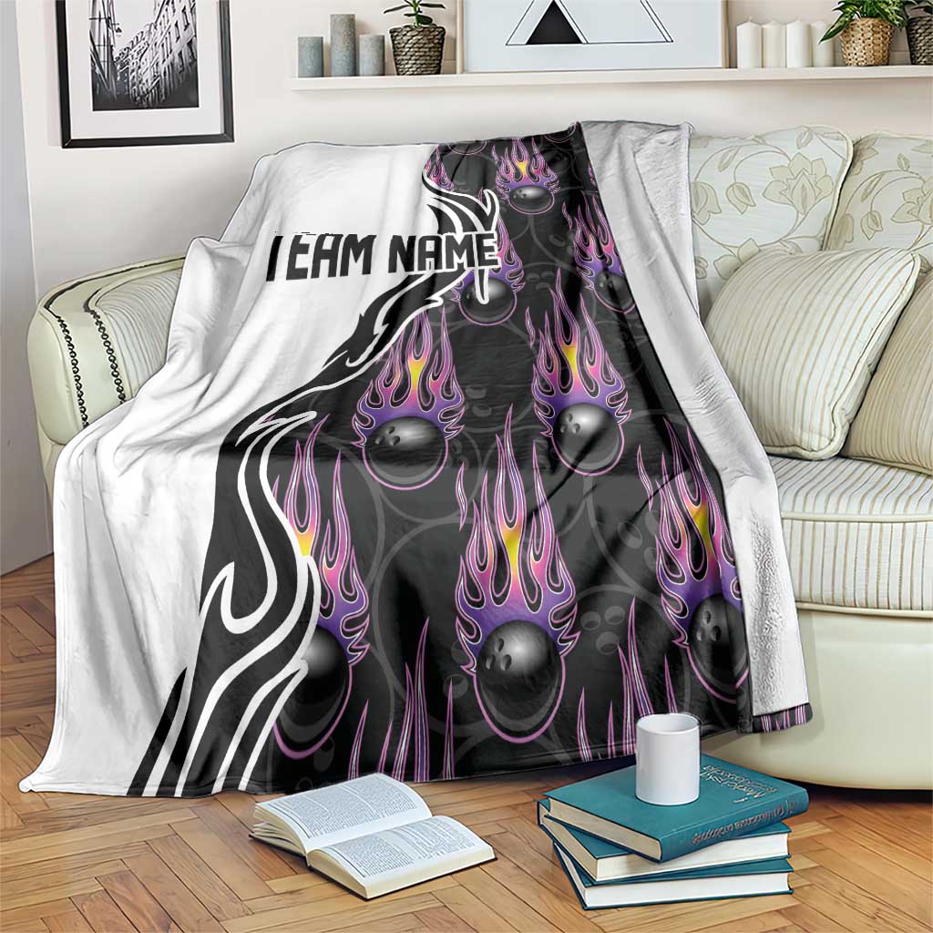 Personalized Bowling Flame Blanket Black and White Split Pattern and Purple Fireball Graphics - Wonder Print Shop