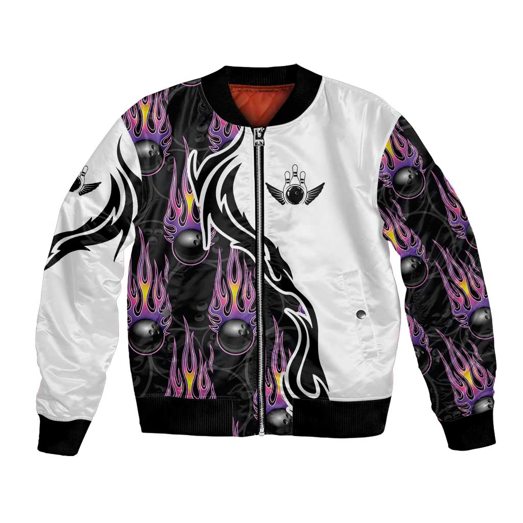 Personalized Bowling Flame Bomber Jacket Black and White Split Pattern and Purple Fireball Graphics - Wonder Print Shop