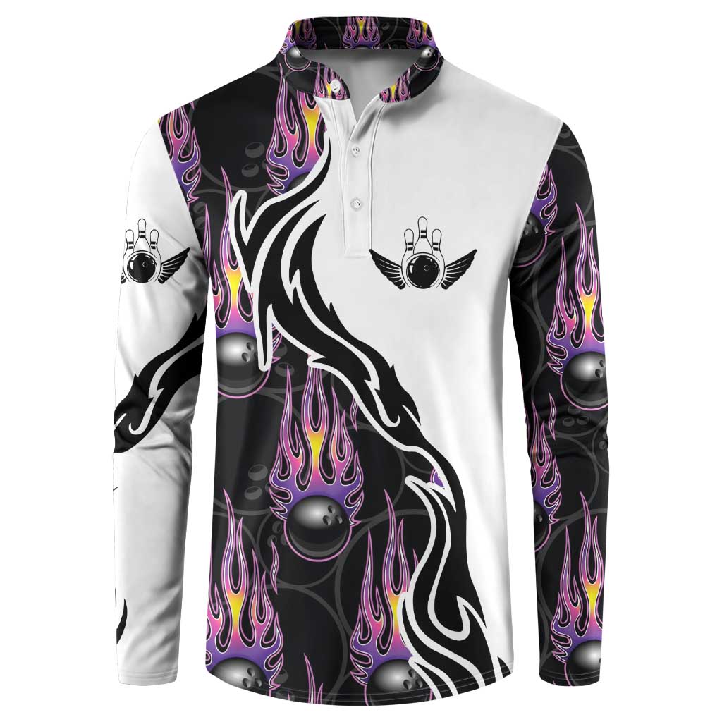 Personalized Bowling Flame Button Sweatshirt Black and White Split Pattern and Purple Fireball Graphics - Wonder Print Shop