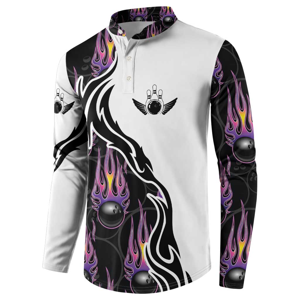 Personalized Bowling Flame Button Sweatshirt Black and White Split Pattern and Purple Fireball Graphics - Wonder Print Shop