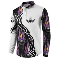 Personalized Bowling Flame Button Sweatshirt Black and White Split Pattern and Purple Fireball Graphics - Wonder Print Shop