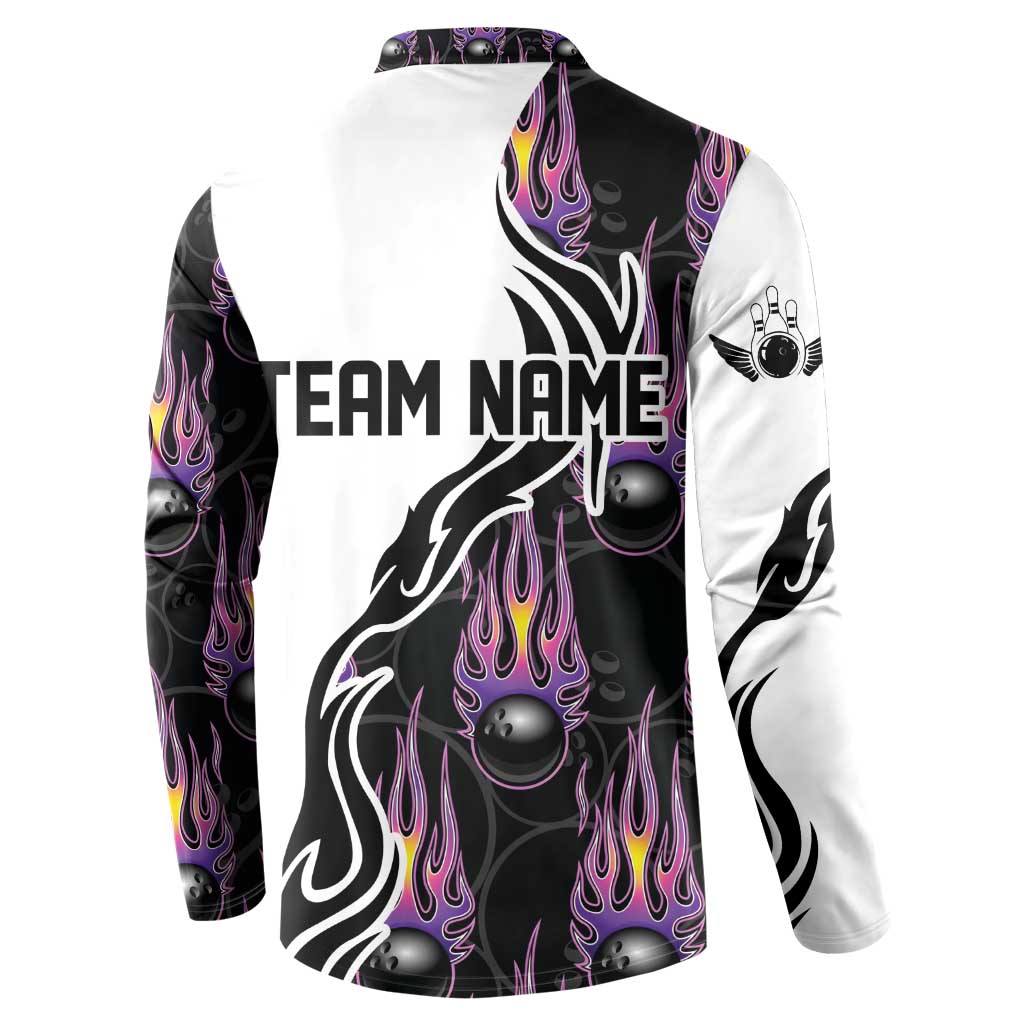 Personalized Bowling Flame Button Sweatshirt Black and White Split Pattern and Purple Fireball Graphics - Wonder Print Shop