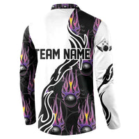Personalized Bowling Flame Button Sweatshirt Black and White Split Pattern and Purple Fireball Graphics - Wonder Print Shop