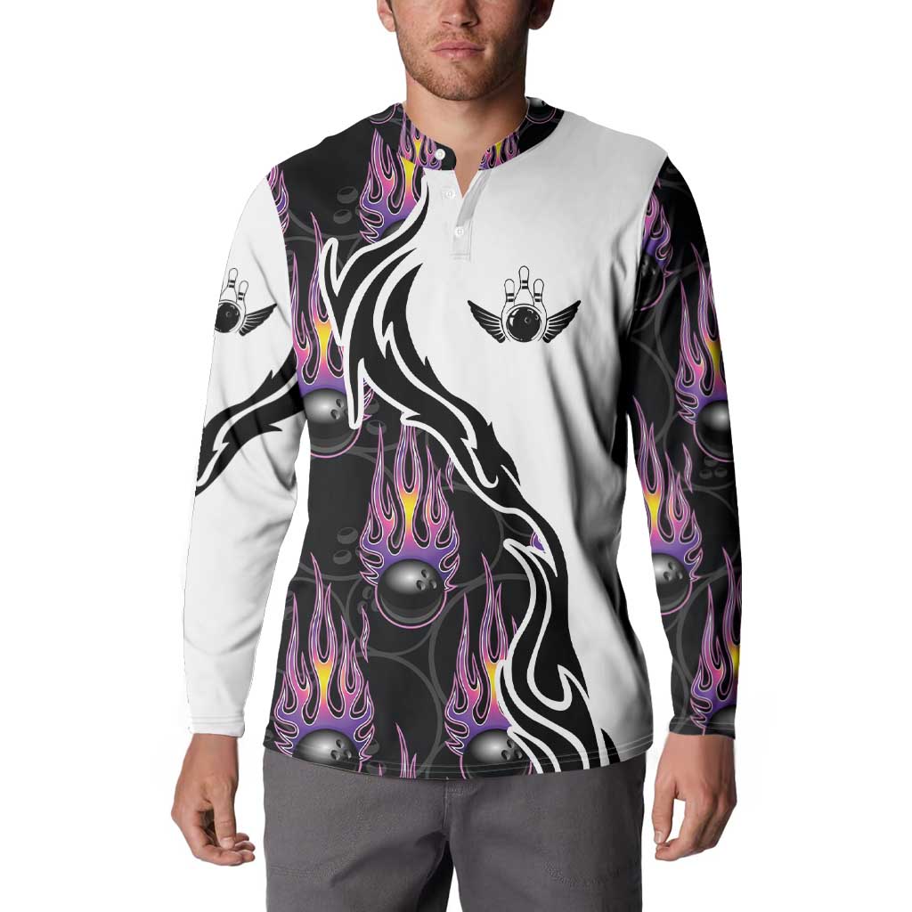Personalized Bowling Flame Button Sweatshirt Black and White Split Pattern and Purple Fireball Graphics - Wonder Print Shop