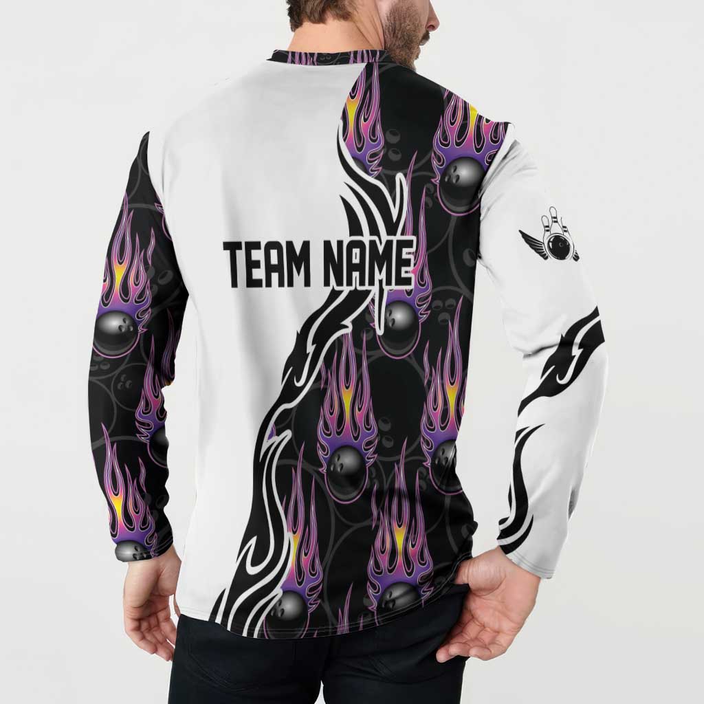 Personalized Bowling Flame Button Sweatshirt Black and White Split Pattern and Purple Fireball Graphics - Wonder Print Shop