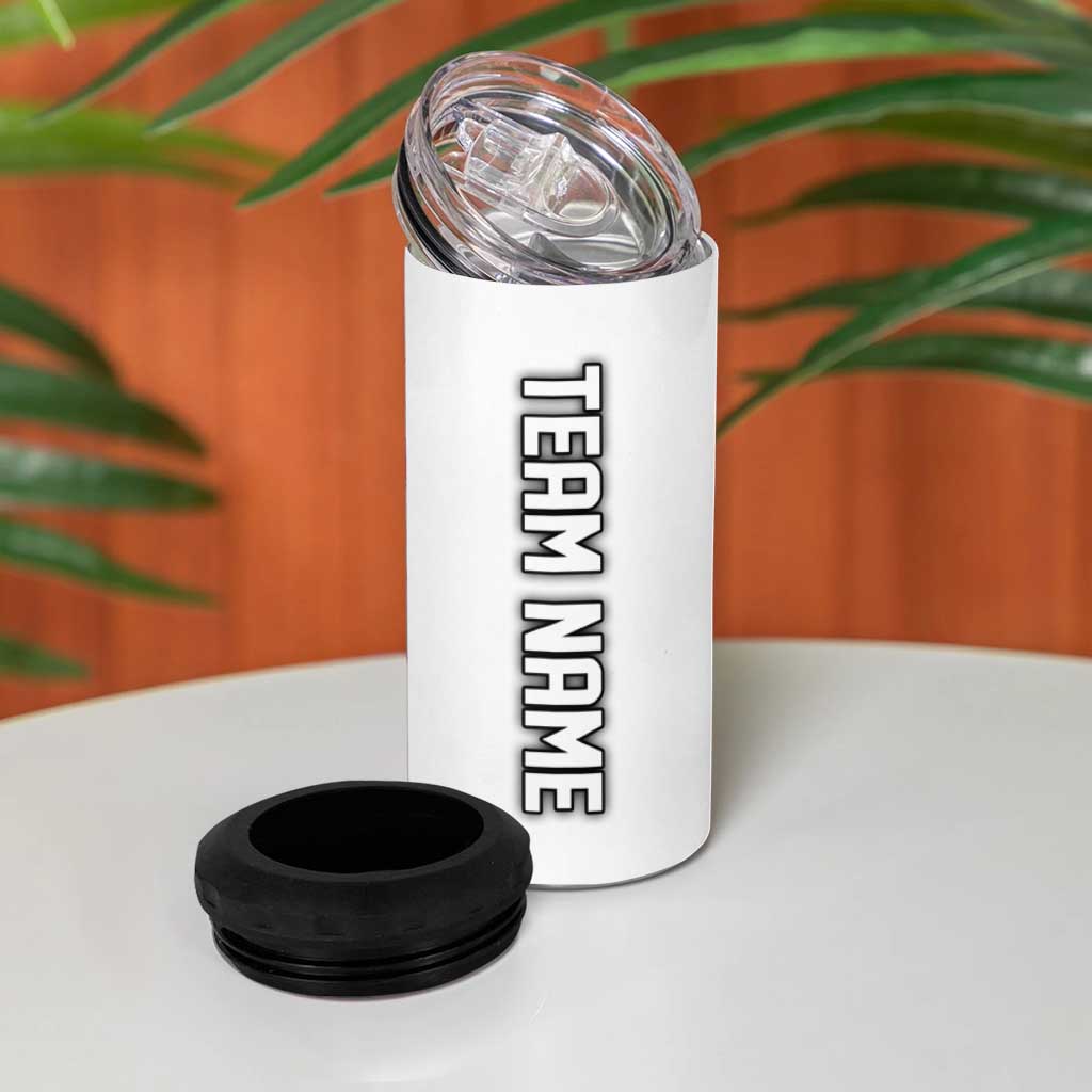 Personalized Bowling Flame 4 in 1 Can Cooler Tumbler Black and White Split Pattern and Purple Fireball Graphics - Wonder Print Shop