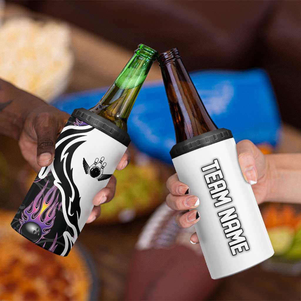 Personalized Bowling Flame 4 in 1 Can Cooler Tumbler Black and White Split Pattern and Purple Fireball Graphics - Wonder Print Shop