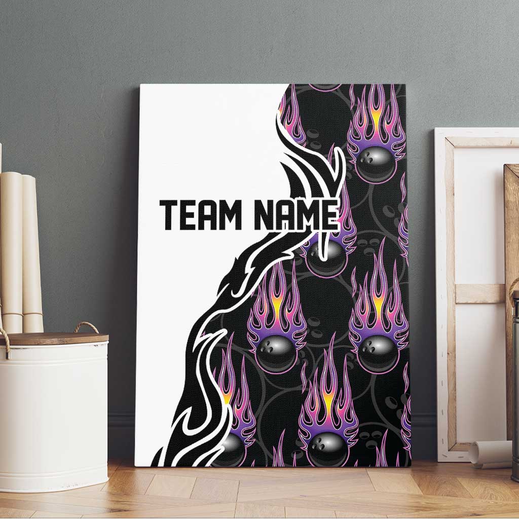 Personalized Bowling Flame Canvas Wall Art Black and White Split Pattern and Purple Fireball Graphics - Wonder Print Shop