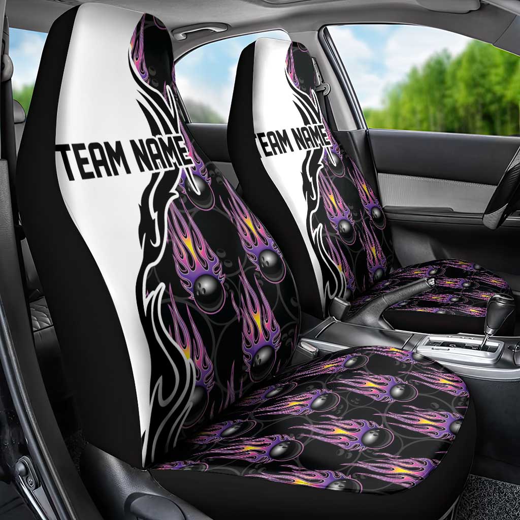 Personalized Bowling Flame Car Seat Cover Black and White Split Pattern and Purple Fireball Graphics - Wonder Print Shop