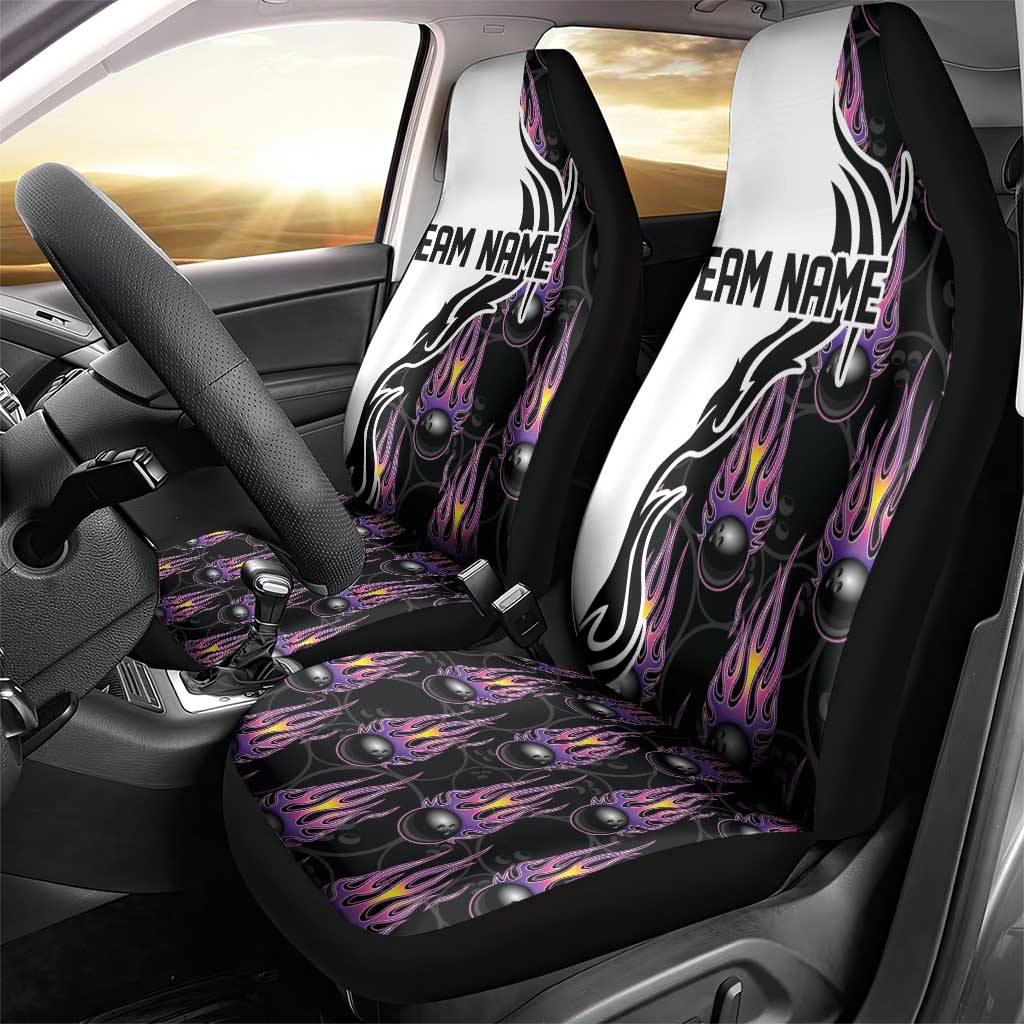 Personalized Bowling Flame Car Seat Cover Black and White Split Pattern and Purple Fireball Graphics - Wonder Print Shop