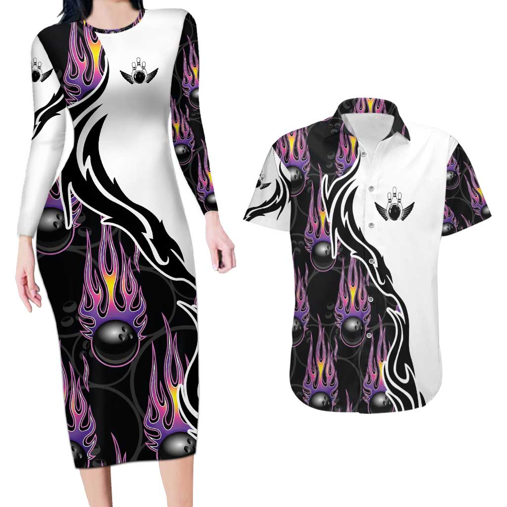 Personalized Bowling Flame Couples Matching Long Sleeve Bodycon Dress and Hawaiian Shirt Black and White Split Pattern and Purple Fireball Graphics - Wonder Print Shop