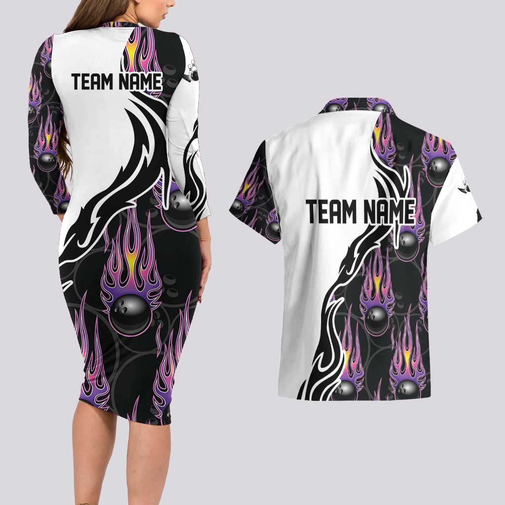 Personalized Bowling Flame Couples Matching Long Sleeve Bodycon Dress and Hawaiian Shirt Black and White Split Pattern and Purple Fireball Graphics - Wonder Print Shop