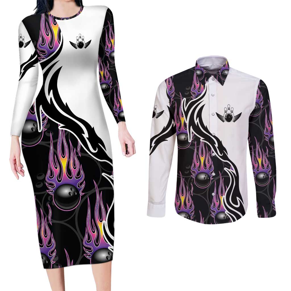 Personalized Bowling Flame Couples Matching Long Sleeve Bodycon Dress and Long Sleeve Button Shirt Black and White Split Pattern and Purple Fireball Graphics - Wonder Print Shop