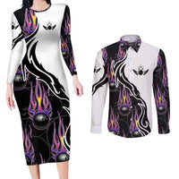 Personalized Bowling Flame Couples Matching Long Sleeve Bodycon Dress and Long Sleeve Button Shirt Black and White Split Pattern and Purple Fireball Graphics - Wonder Print Shop