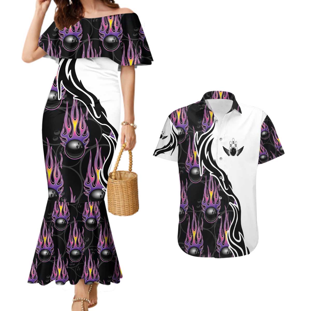 Personalized Bowling Flame Couples Matching Mermaid Dress and Hawaiian Shirt Black and White Split Pattern and Purple Fireball Graphics - Wonder Print Shop