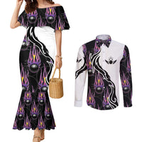 Personalized Bowling Flame Couples Matching Mermaid Dress and Long Sleeve Button Shirt Black and White Split Pattern and Purple Fireball Graphics - Wonder Print Shop